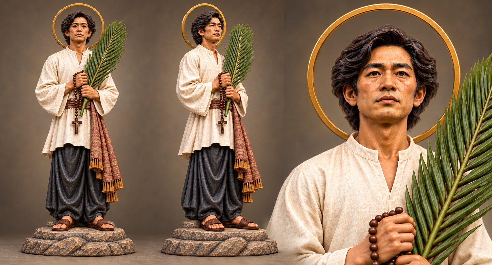 Diseño propuesto con tres vistas de una posible estatua de San Lorenzo Ruiz